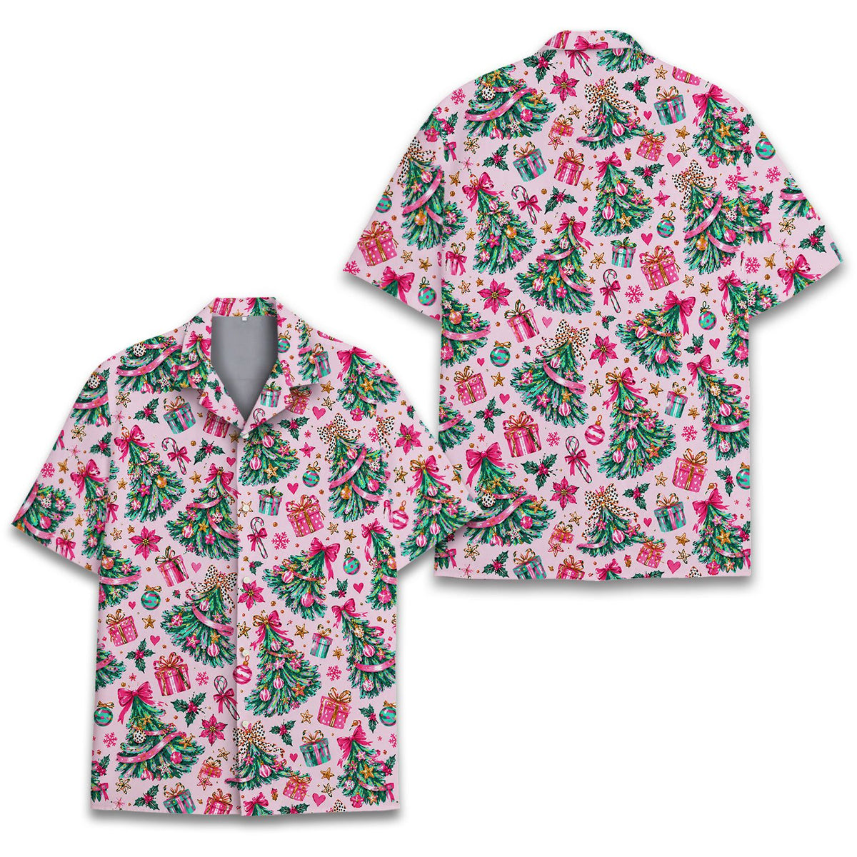 Flat lay front view of the pink christmas hawaiian shirt