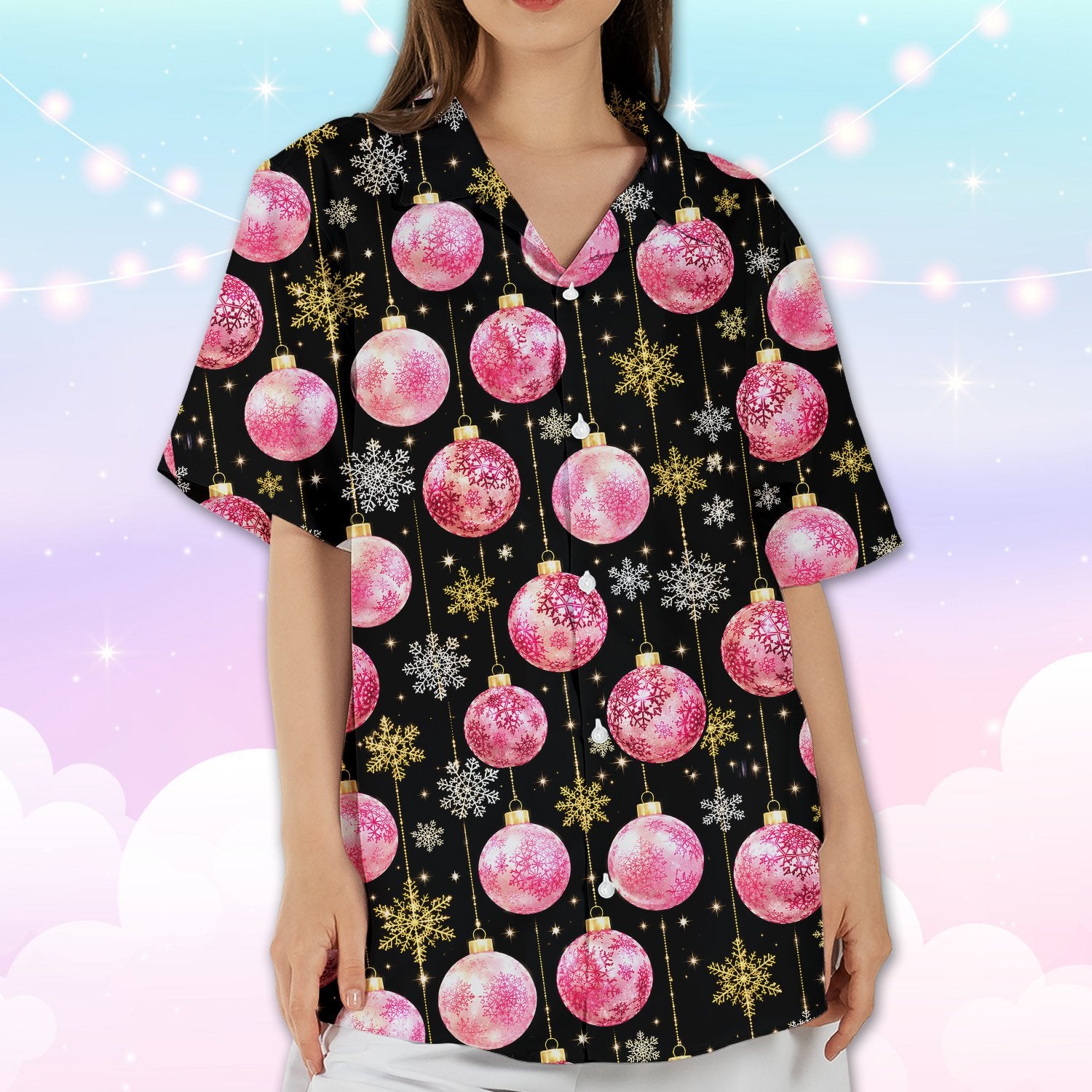 Detailed front view of the pink and gold snowflake pattern on black