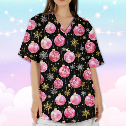 Detailed front view of the pink and gold snowflake pattern on black