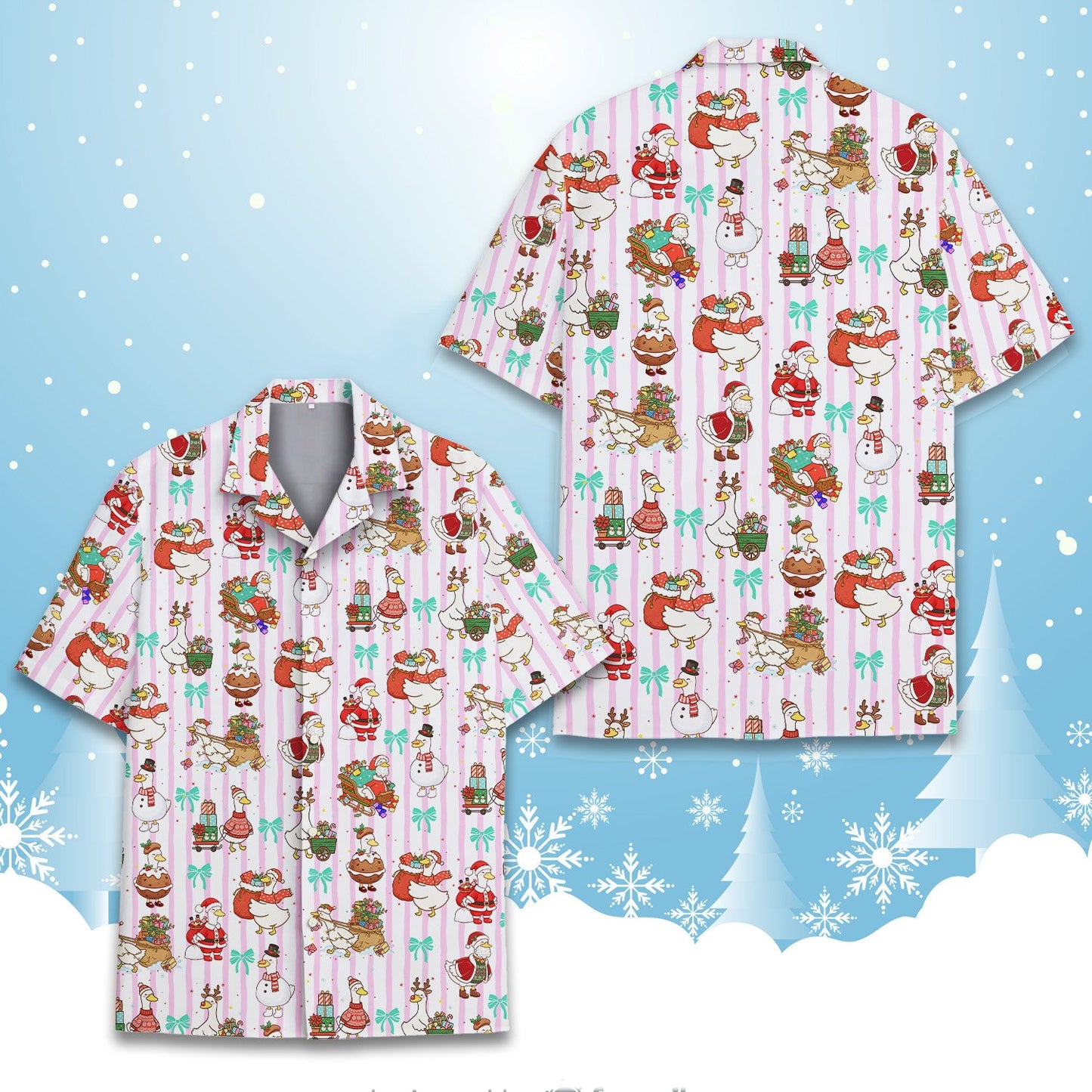 Front view 4 of holiday hawaiian shirt with ducks and presents