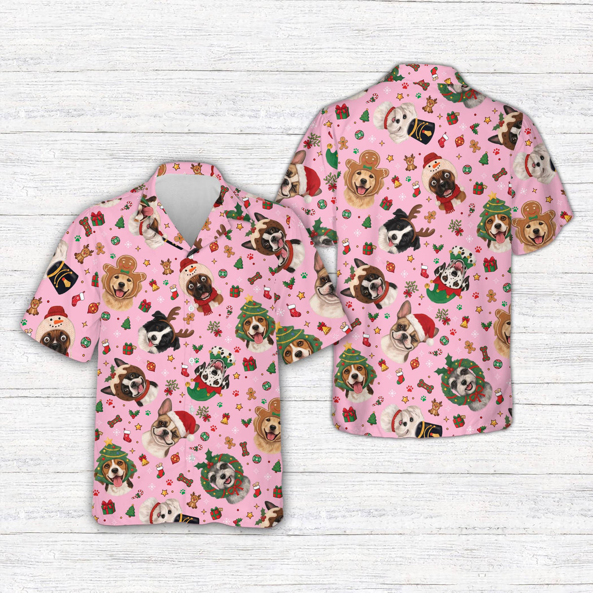 Pink variant front view of the holiday pet hawaiian shirt