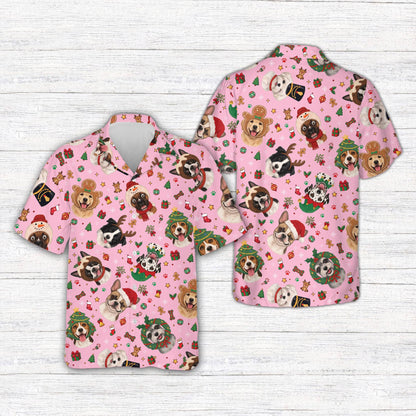Pink variant front view of the holiday pet hawaiian shirt