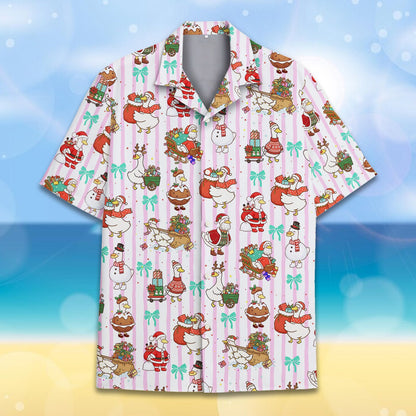Front view 5 of pink striped hawaiian shirt with ducks