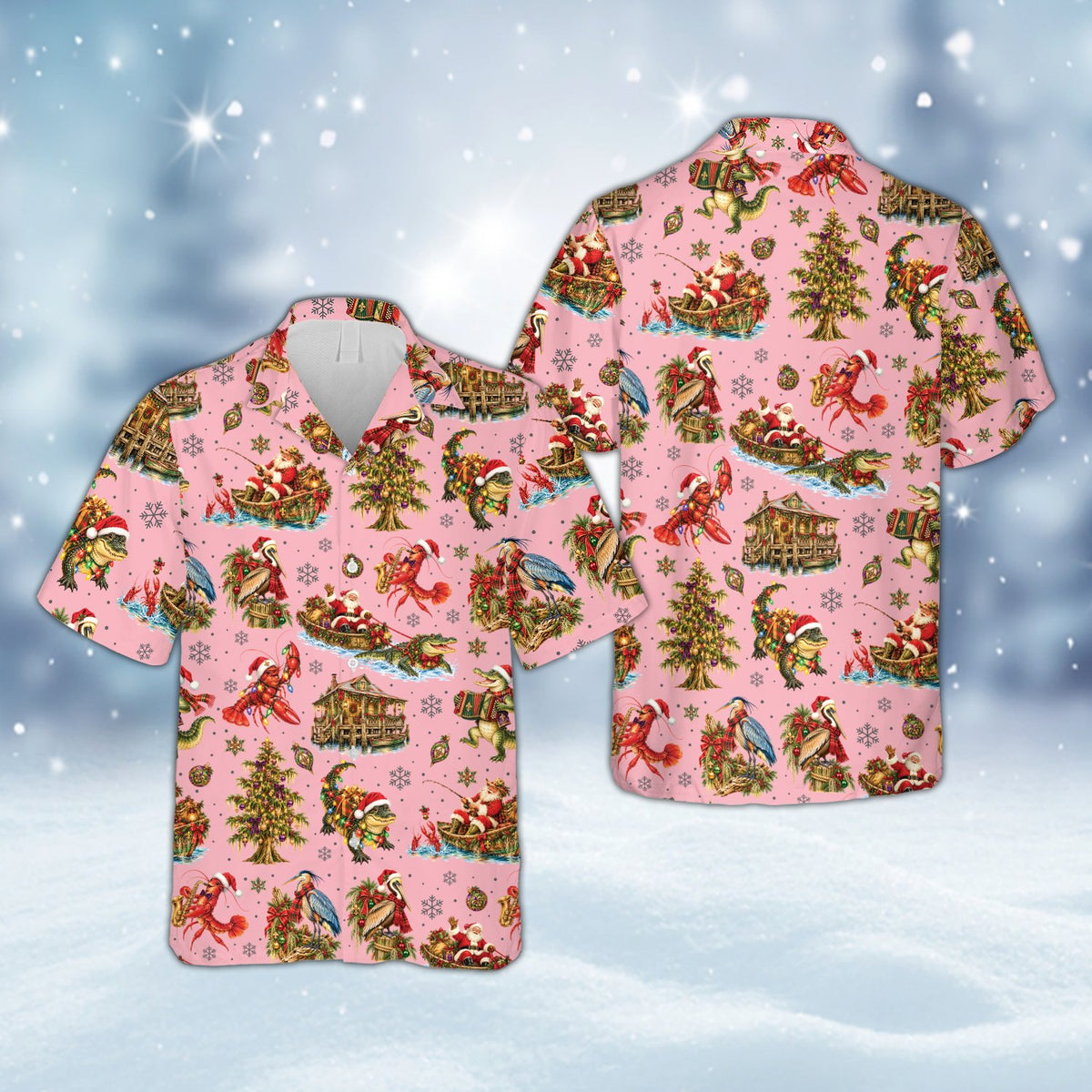 Pink matching family hawaiian shirts with holiday design, front view