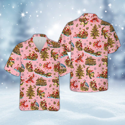 Pink matching family hawaiian shirts with holiday design, front view