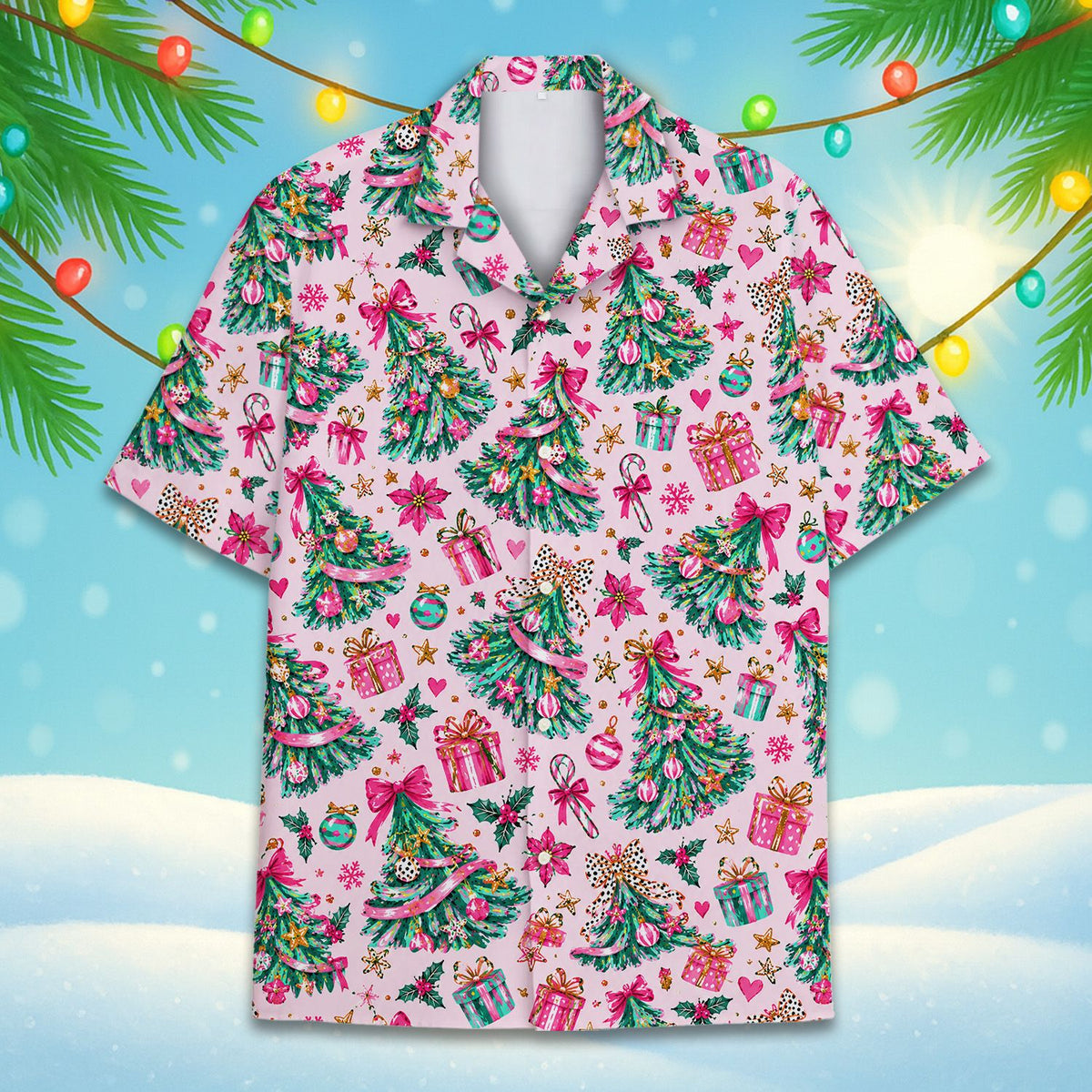 Front view of the pink matching family hawaiian shirt