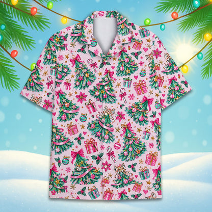 Front view of the pink matching family hawaiian shirt