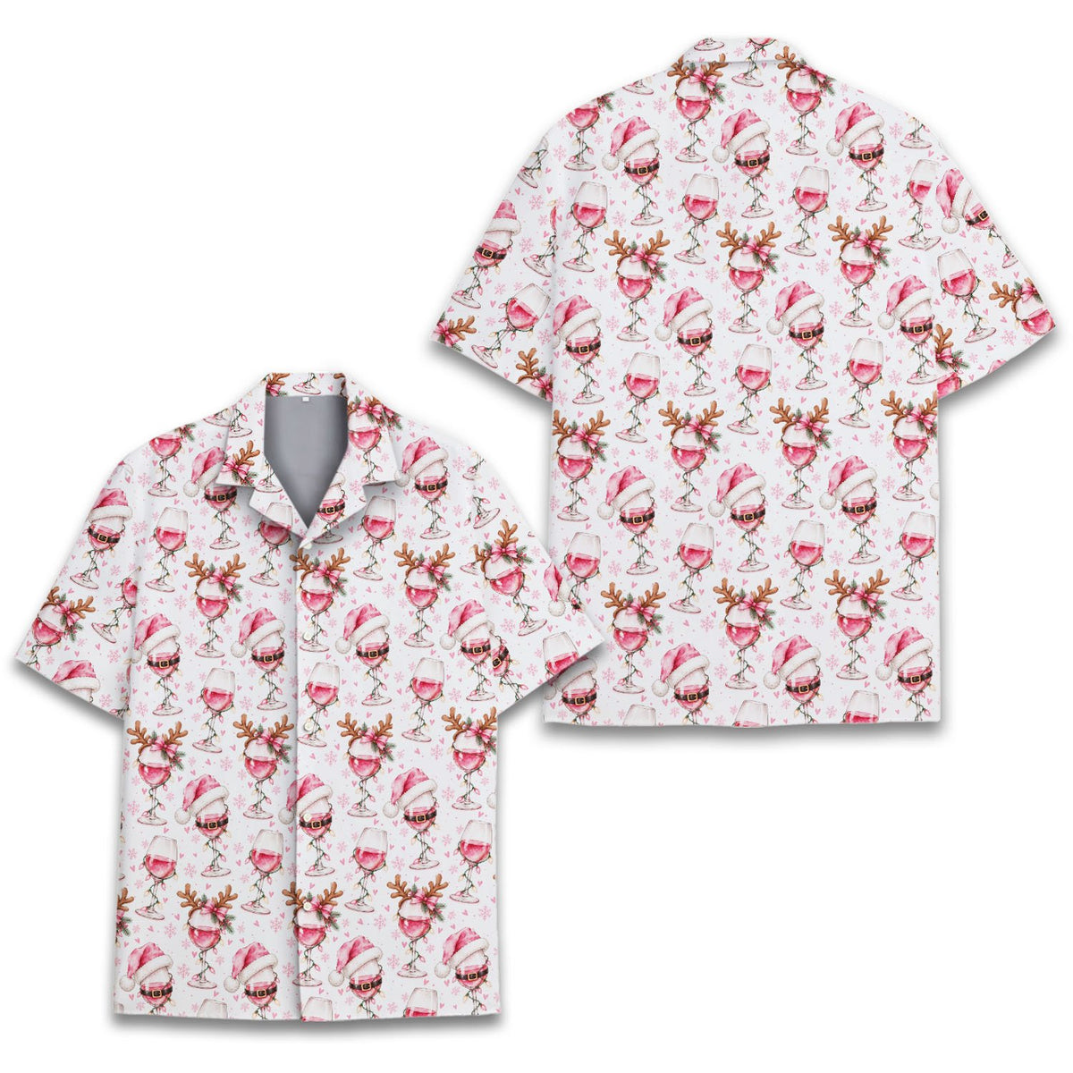Front view of the Christmas Hawaiian shirt featuring pink wine glasses