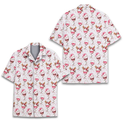 Matching family Hawaiian shirts with pink wine glass and snowflake design, main view