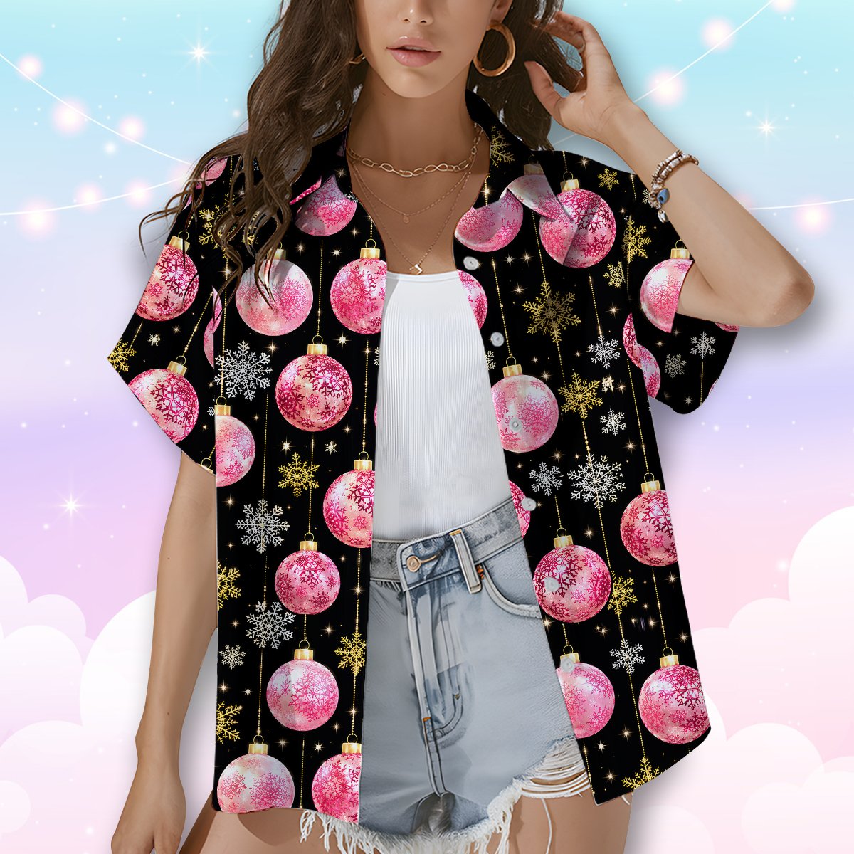 Front view of the black christmas hawaiian shirt with pink holiday ornaments