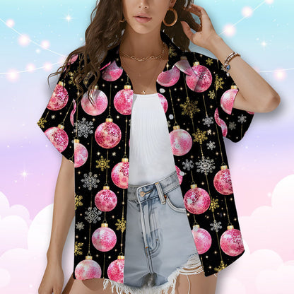 Front view of the black christmas hawaiian shirt with pink holiday ornaments