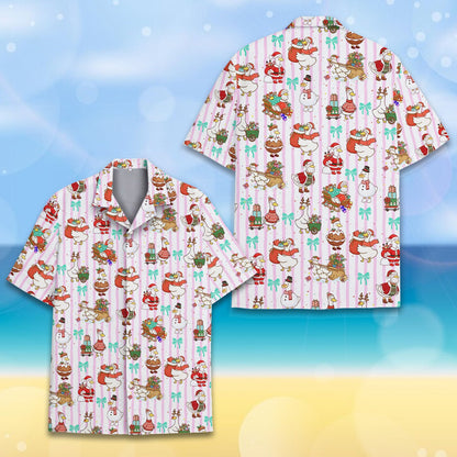 Main front view of hawaiian shirt christmas with pink stripes and ducks