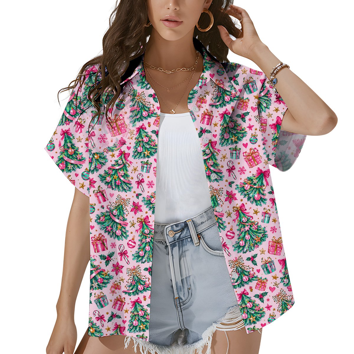 Third lifestyle view showing the pink hawaiian christmas shirt outdoors