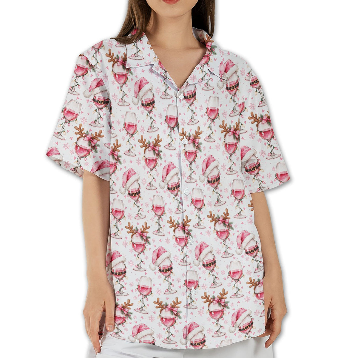 Group wearing the pink wine glass pattern Hawaiian shirts