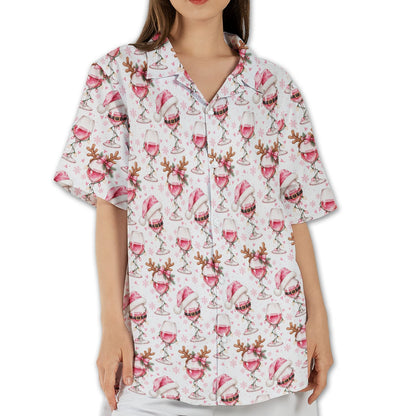 Group wearing the pink wine glass pattern Hawaiian shirts