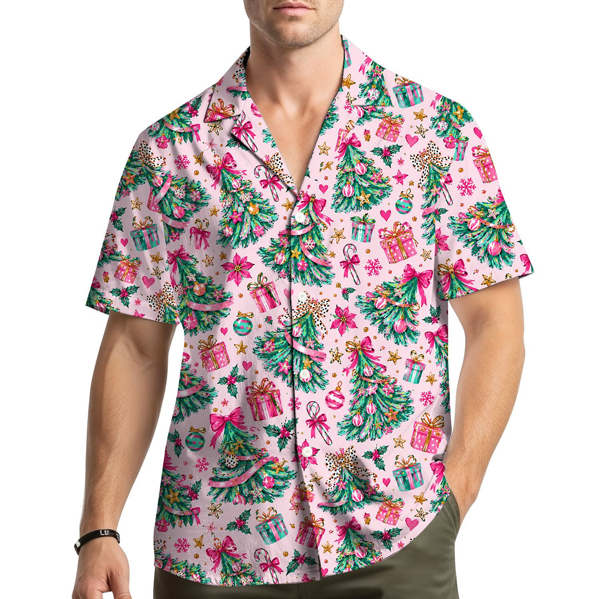 Lifestyle view of someone wearing the matching family hawaiian shirts