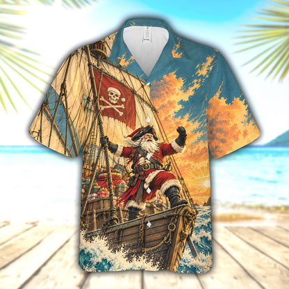 Front view of the matching family hawaiian shirts with a festive pirate Santa design.