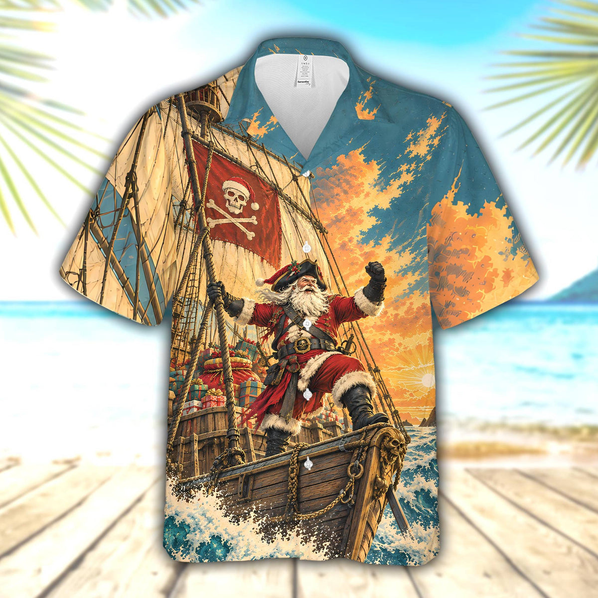 Main view of the christmas pirate hawaiian shirt featuring Santa Claus on a ship.