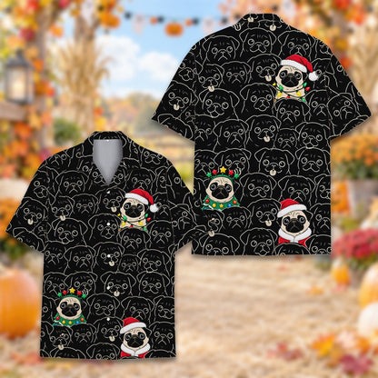 Alternative front view of the black christmas pugs hawaiian shirt
