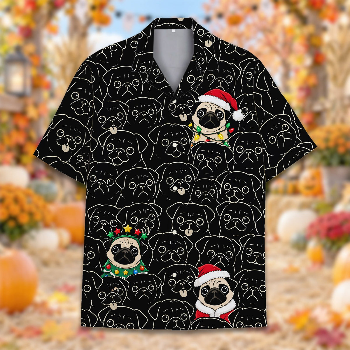Close up front view of the black christmas pugs hawaiian shirt