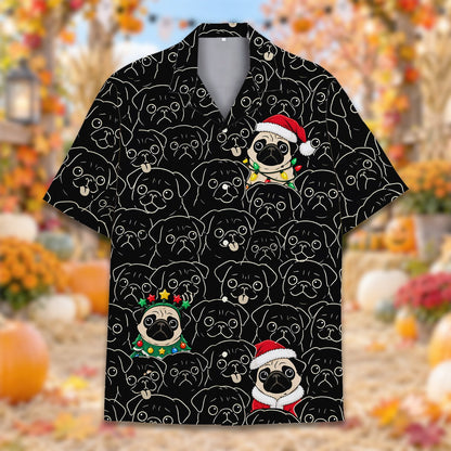 Close up front view of the black christmas pugs hawaiian shirt