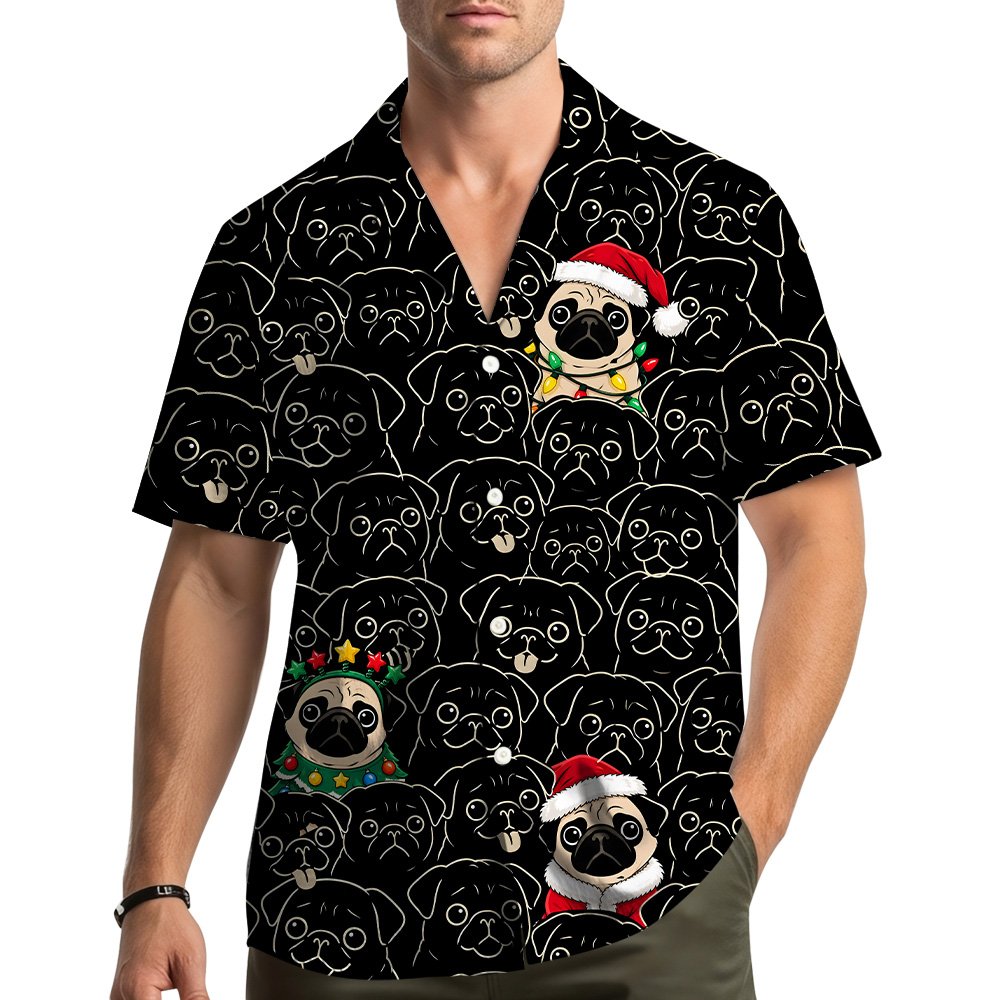 Main view of the christmas pugs hawaiian shirt on a black background