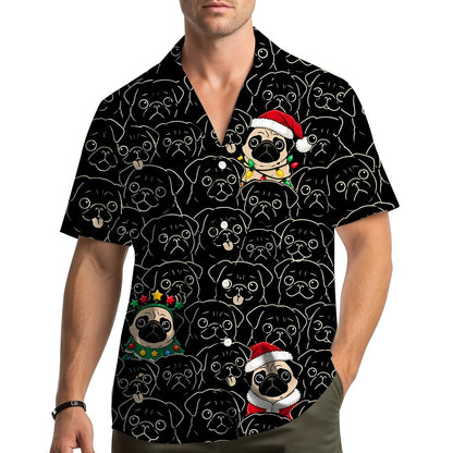 Main view of the christmas pugs hawaiian shirt on a black background