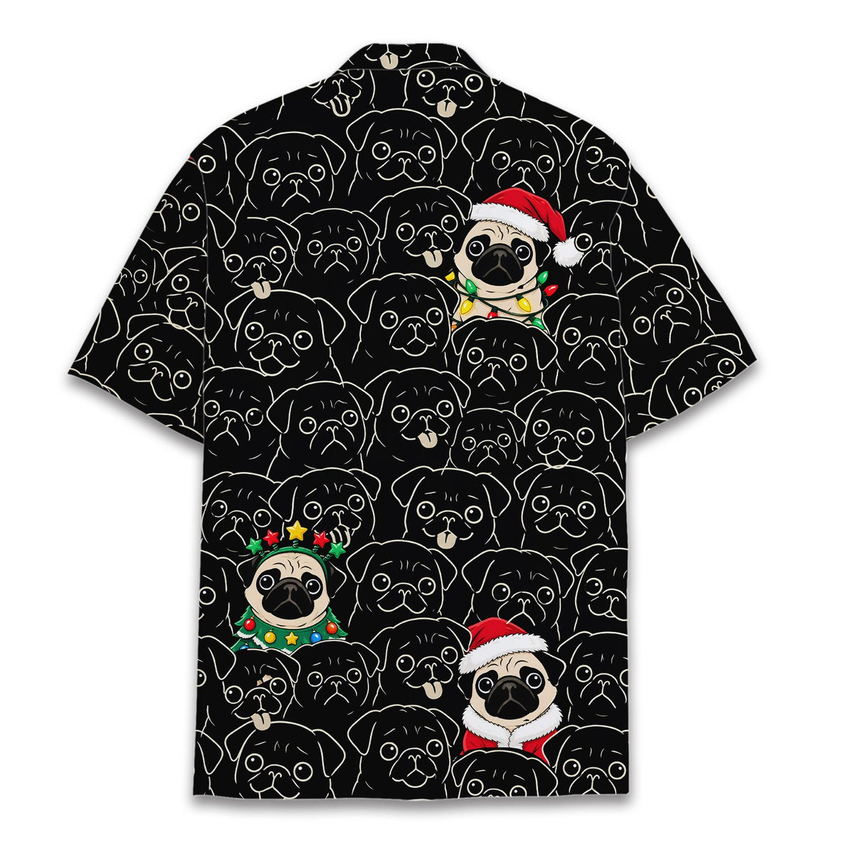 Alternative back view of the multicolor christmas pugs hawaiian shirt