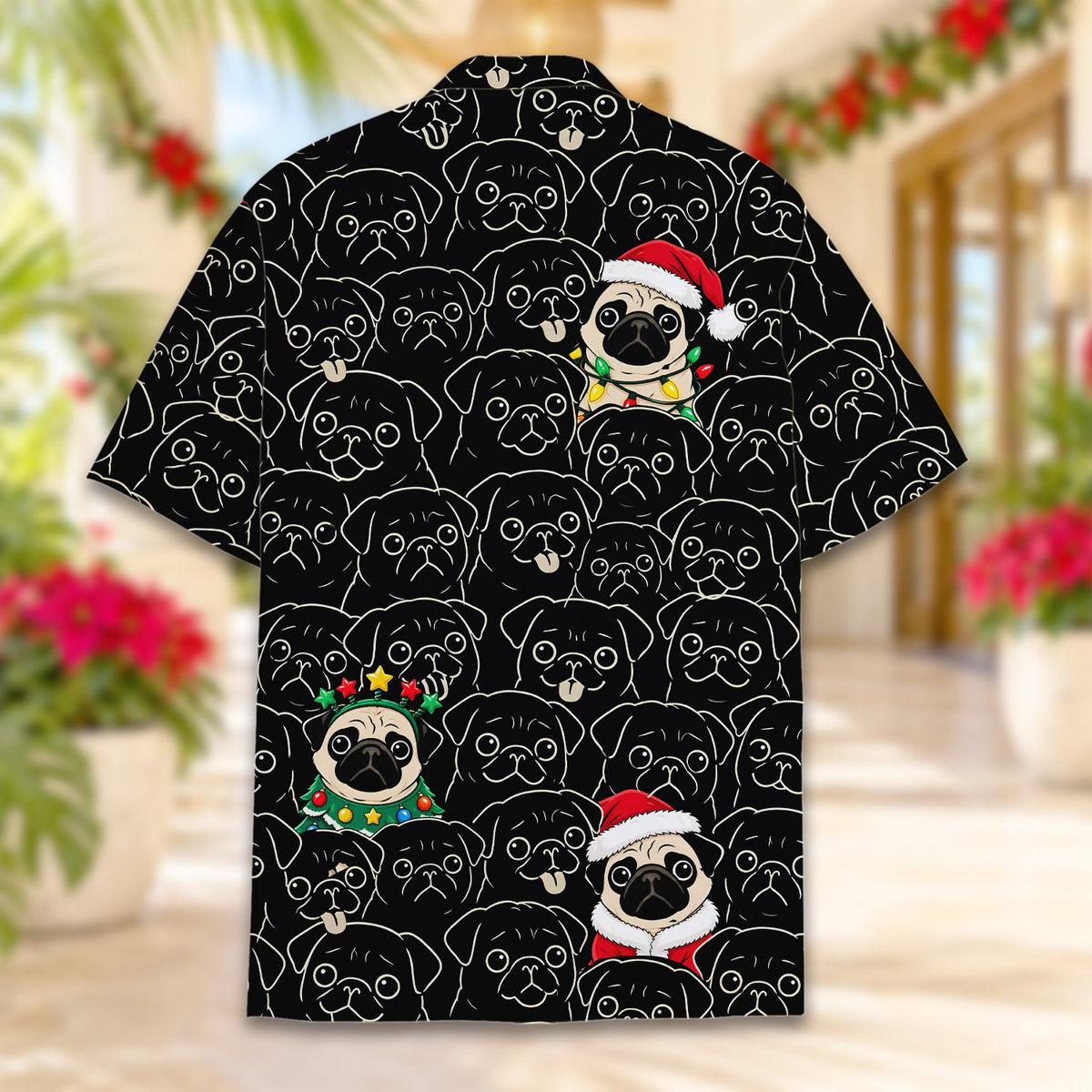 Back view of the multicolor christmas pugs hawaiian shirt