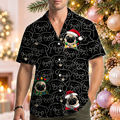 Front view of the multicolor christmas pugs shirt