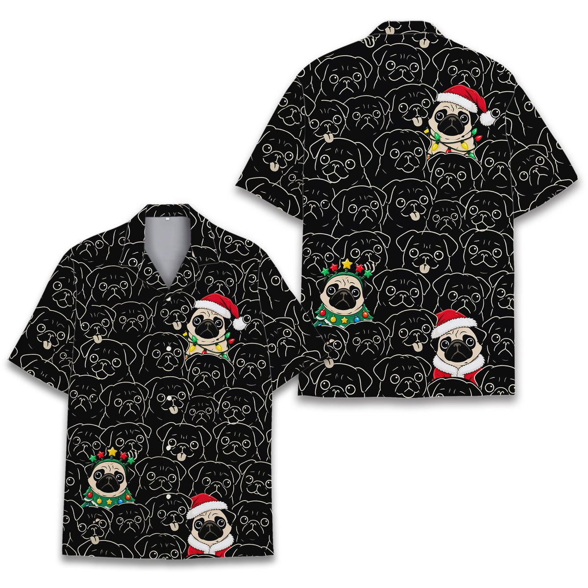 Another front view of the multicolor christmas pugs shirt