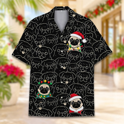Styled front view of the multicolor christmas pugs hawaiian shirt