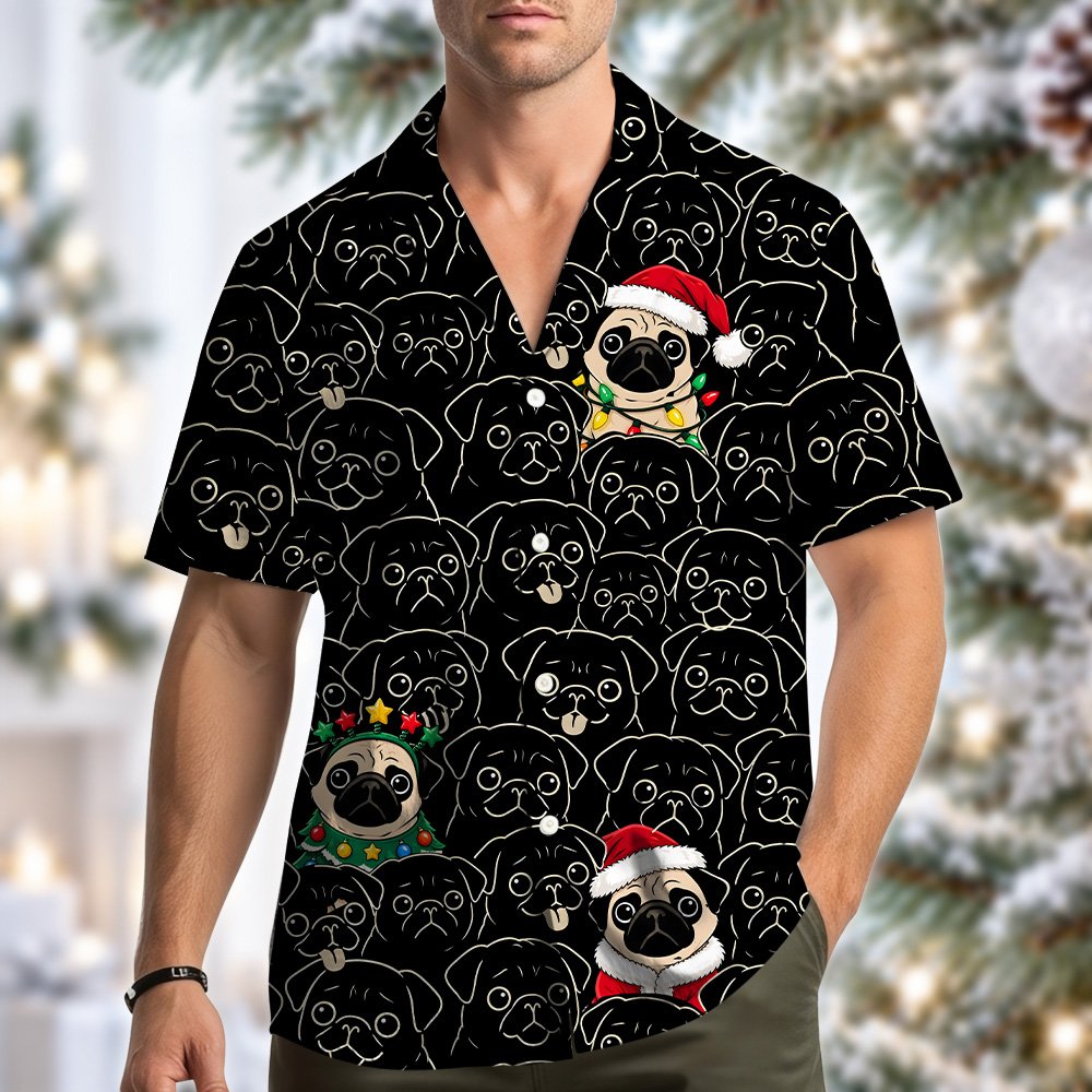 Detailed front view of the multicolor christmas pugs hawaiian shirt