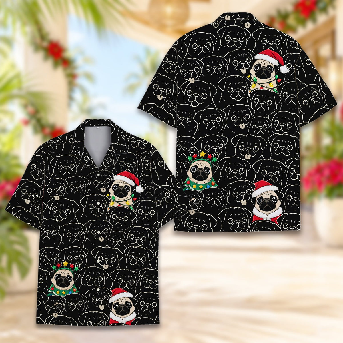 Front view of the multicolor christmas pugs hawaiian shirt