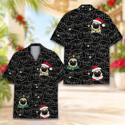 Front view of the multicolor christmas pugs hawaiian shirt