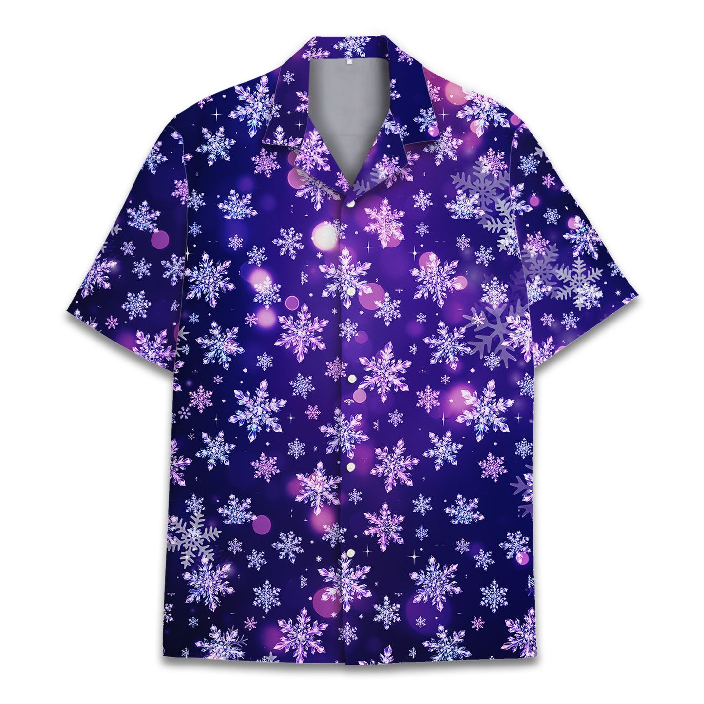 Matching family hawaiian shirts purple snowflakes front flat lay