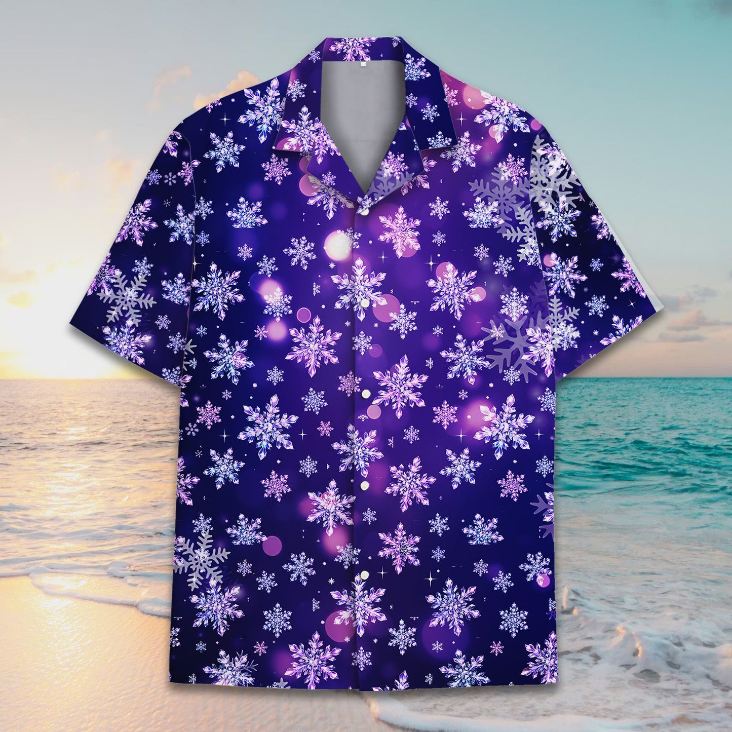 Matching family hawaiian shirts purple snowflakes front folded view