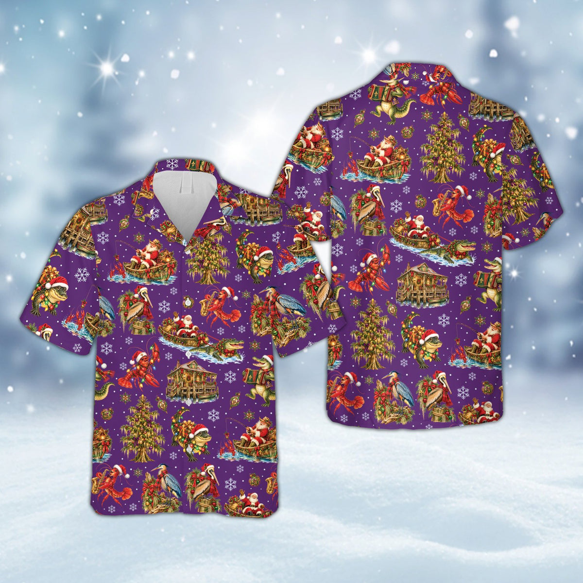 Purple christmas hawaiian shirt with musical crawfish and snowflakes, front view