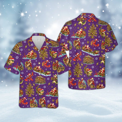 Purple christmas hawaiian shirt with musical crawfish and snowflakes, front view