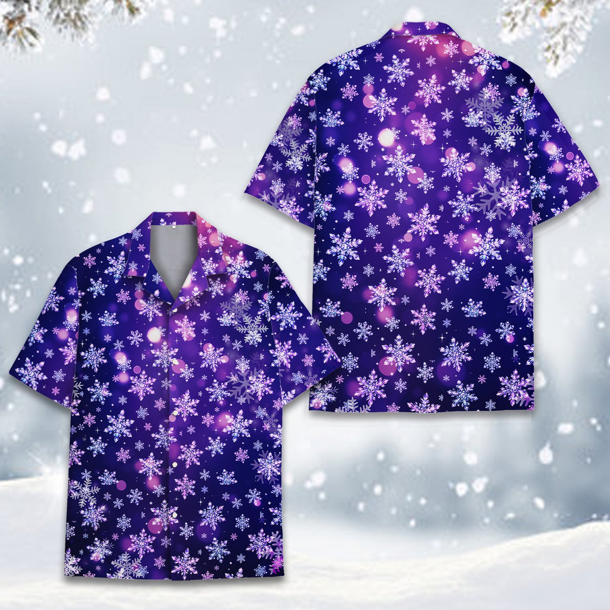 Purple christmas hawaiian shirt front view with glowing bokeh effect