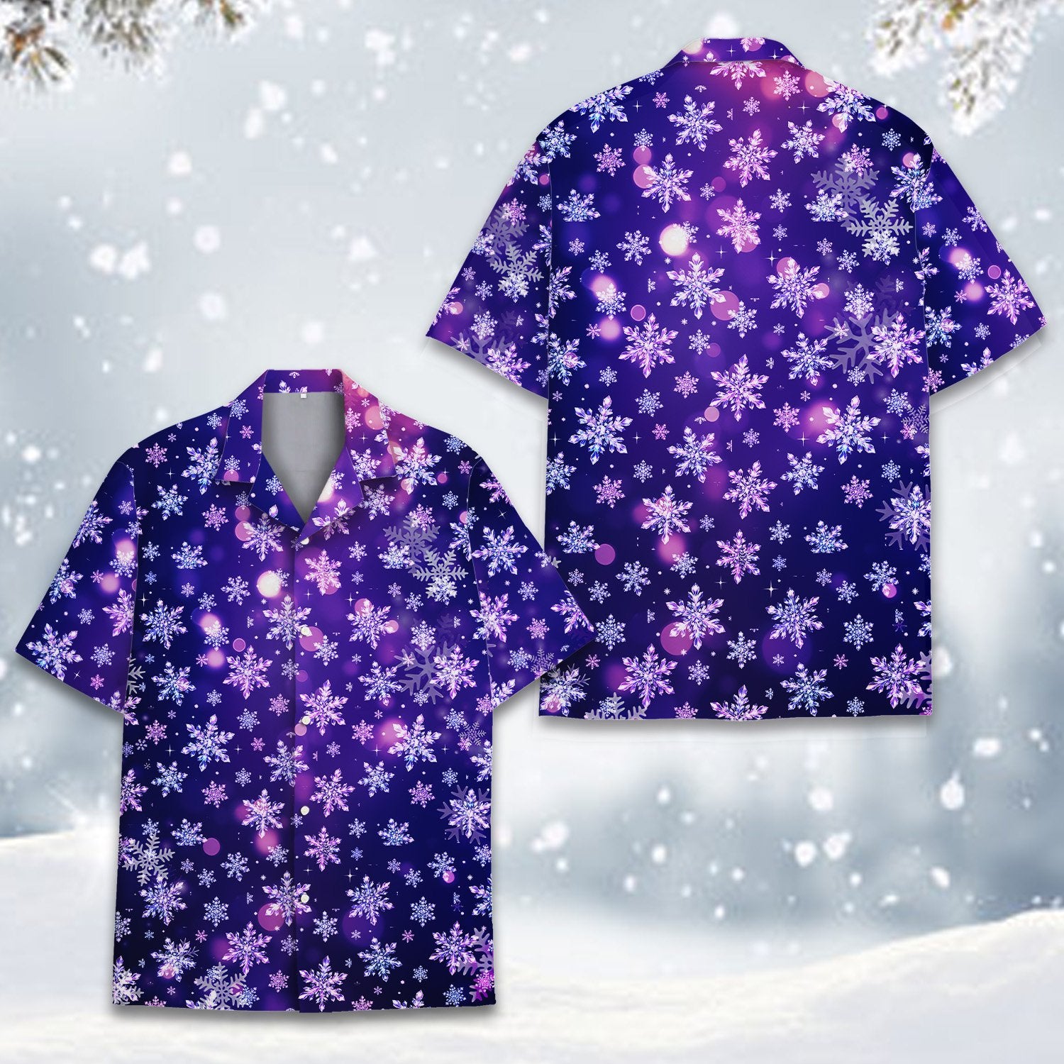 Purple christmas hawaiian shirt front view with glowing bokeh effect