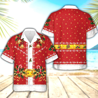 Back view of the red holiday hawaiian shirt with scattered gold stars and snowflakes