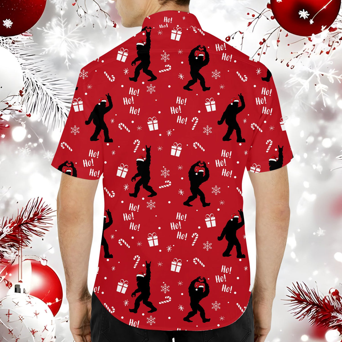 Detailed back view of the red Bigfoot Christmas Hawaiian shirt