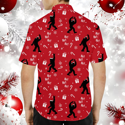 Detailed back view of the red Bigfoot Christmas Hawaiian shirt
