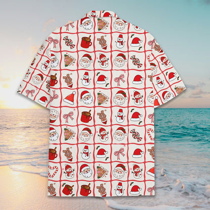 Back view of a red variation of the holiday doodle hawaiian shirt