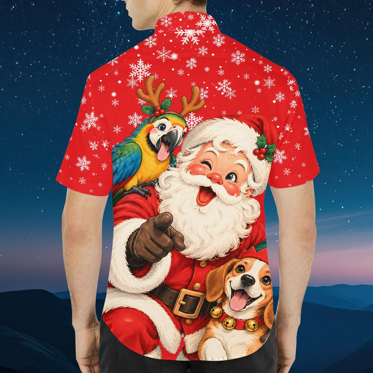 Back view of the red christmas hawaiian shirt with snowflake pattern