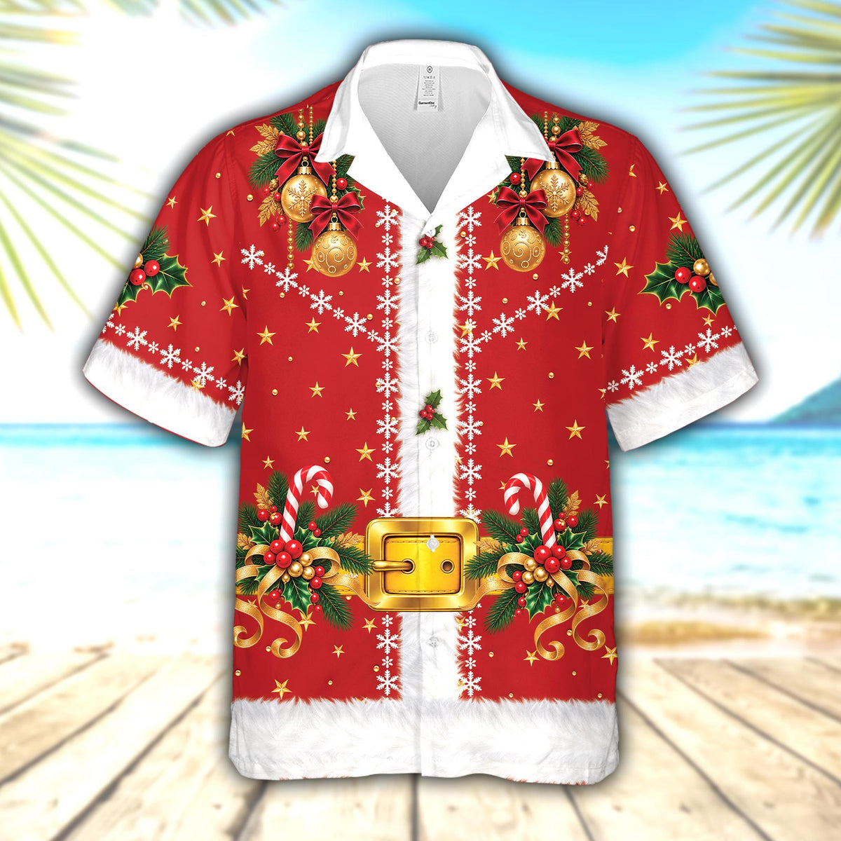 Front view of the red Santa suit christmas hawaiian shirt with printed belt and candy canes