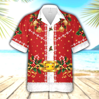 Front view of the red Santa suit christmas hawaiian shirt with printed belt and candy canes