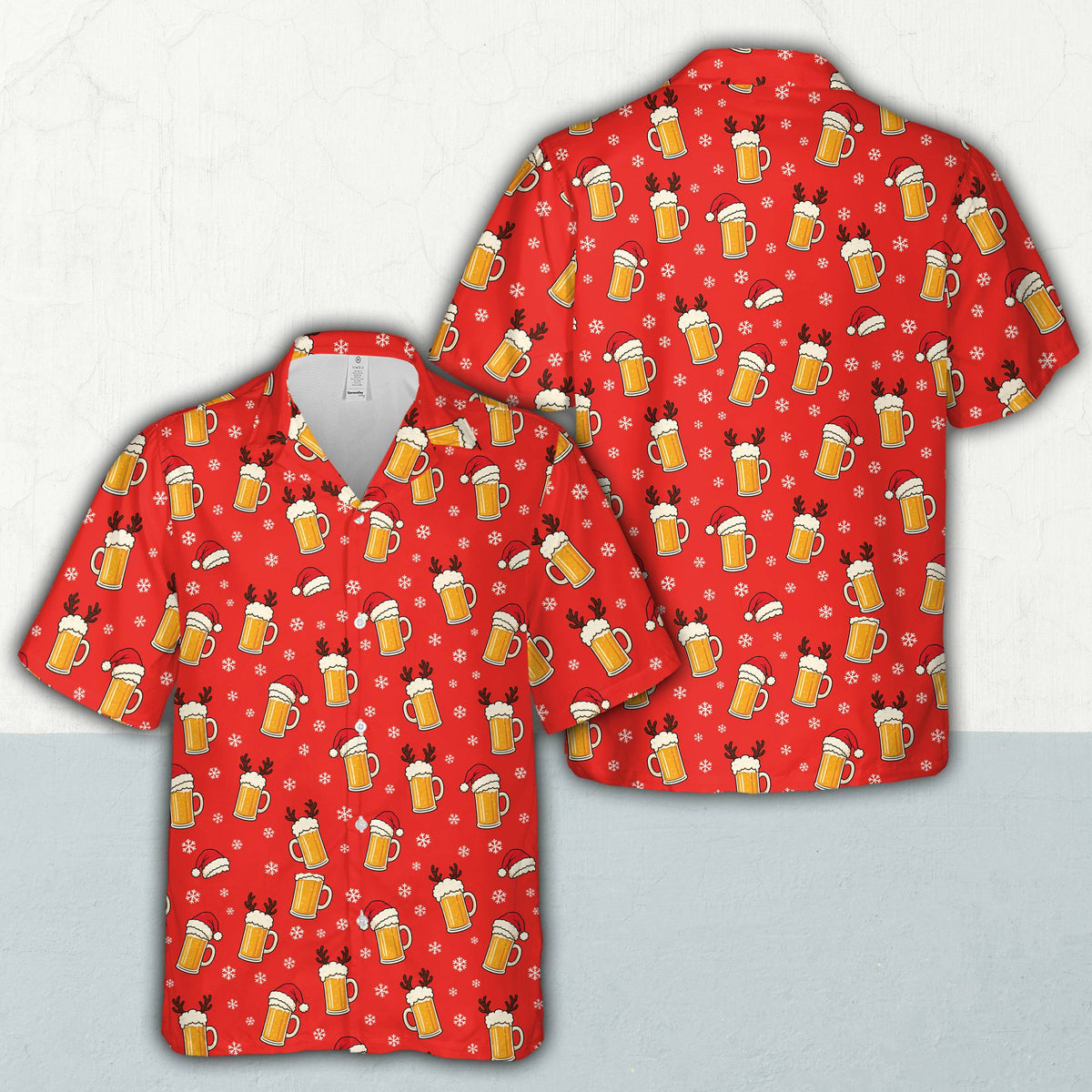 Front view of the red christmas hawaiian shirt featuring holiday beer mugs