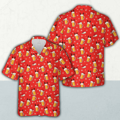 Front view of the red christmas hawaiian shirt featuring holiday beer mugs